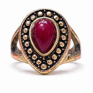 Boho Ruby Red Cabochon Statement Ring Size 7 Gold Tone Studded Artisan